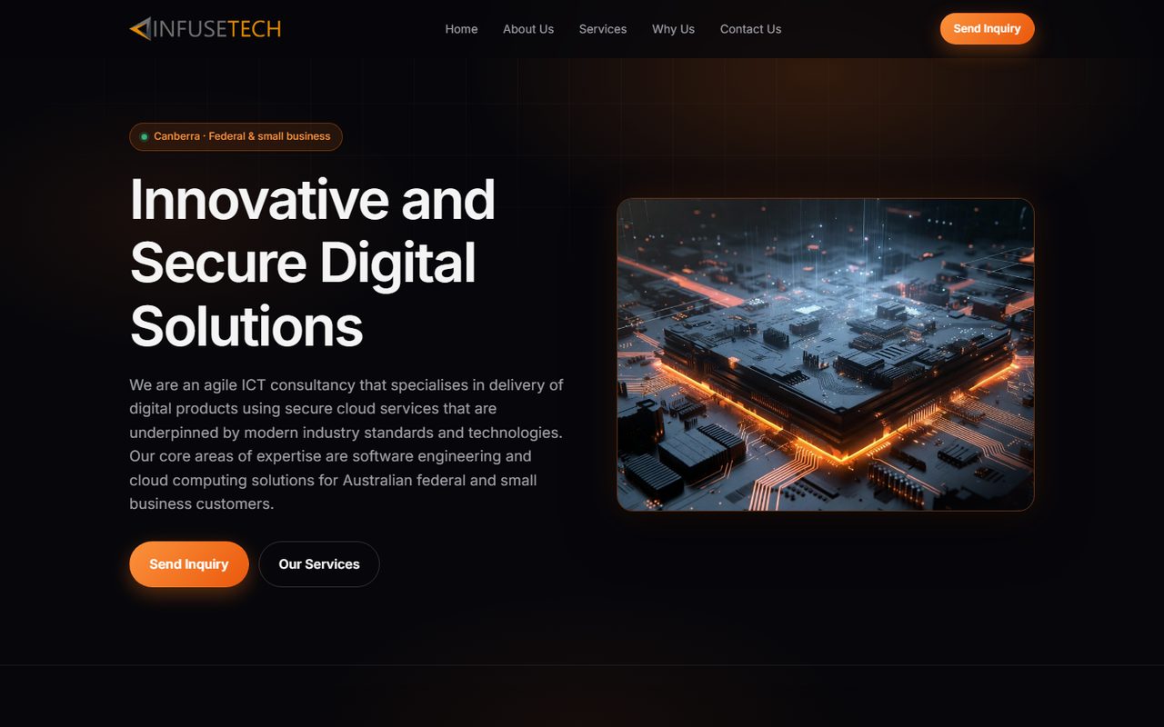 InfuseTech homepage showing Innovative and Secure Digital Solutions
